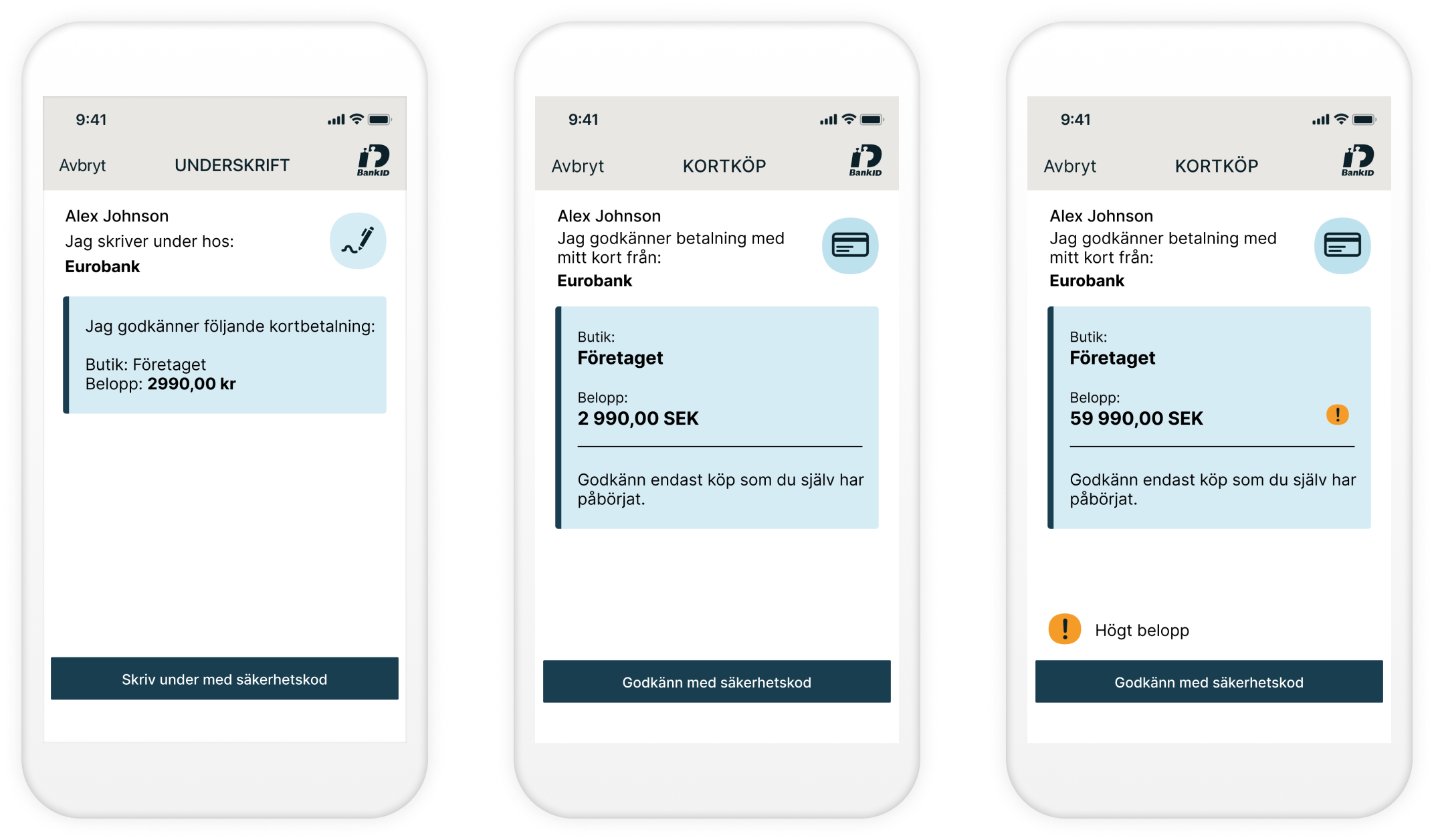 Tre mobilskärmar som visar: den tidigare designen, den nya designen och den nya med en varningsikon.