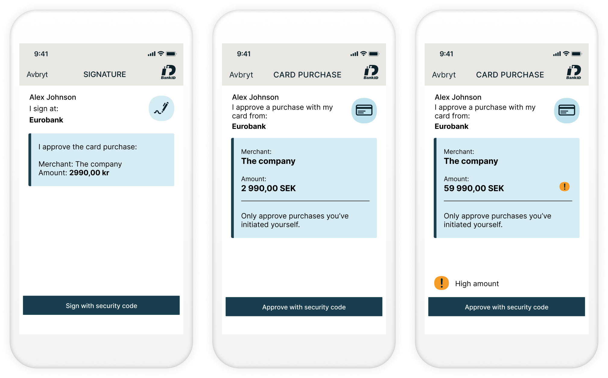 Three mobile sceens showing: the old design, the new design and the new design with a warning icon.