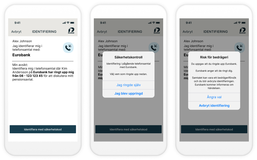 Användarflöde för identifiering i telefonsamtal när företaget ringt upp.
