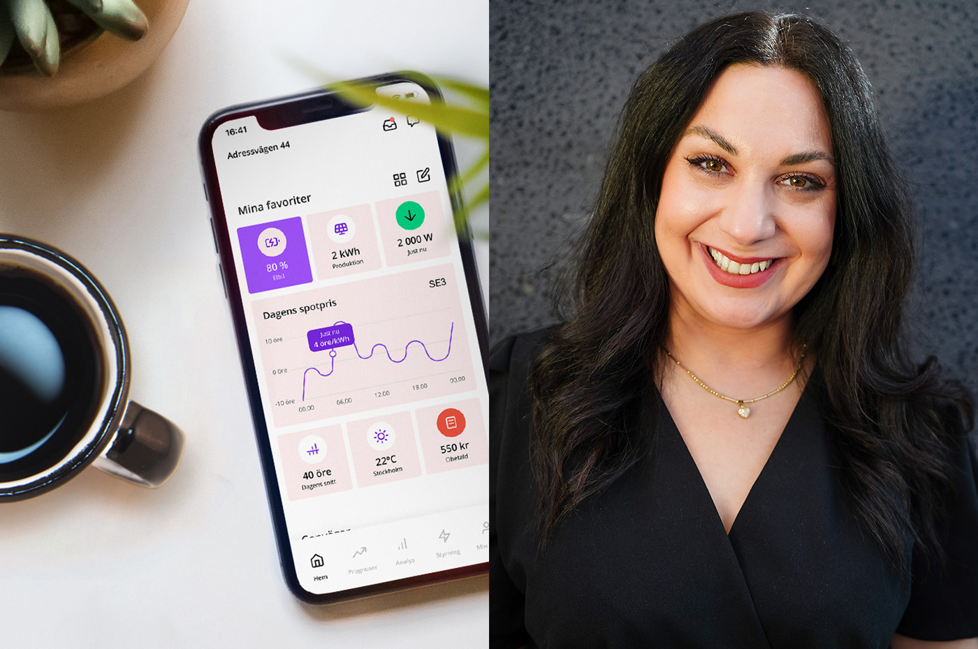 GodEl kundcase - bild på app och Isabelle Hooshidar, kundservicechef.