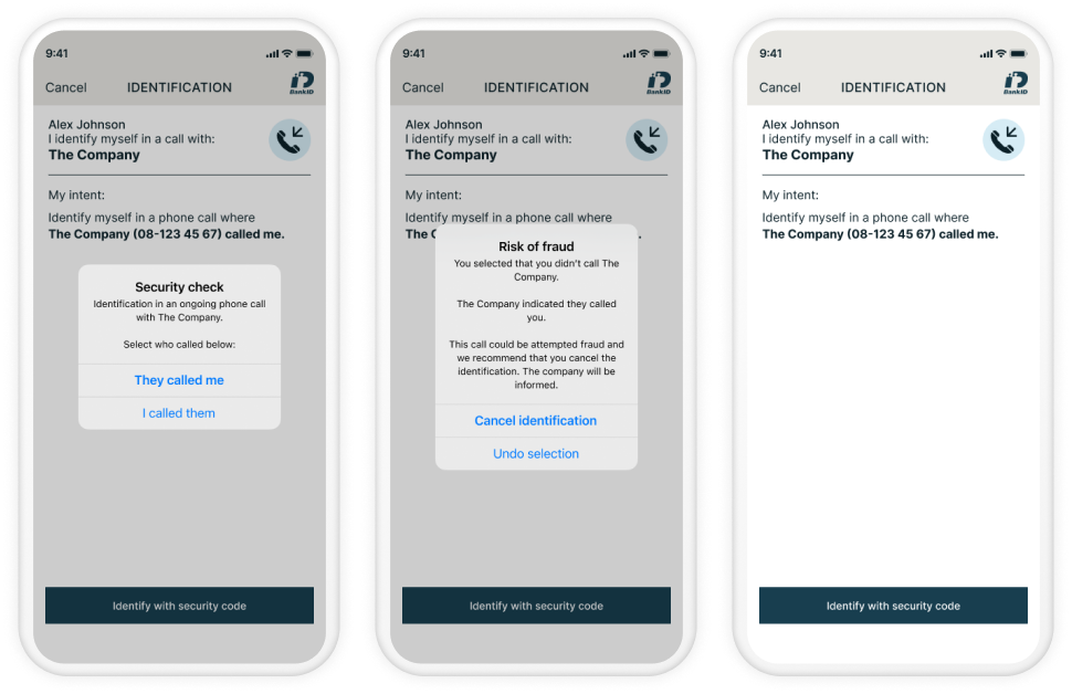 User flow for telephone identification with BankID when the organisation initiates the call.