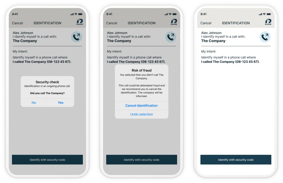User flow for telephone identification with BankID when the user initiates the call.