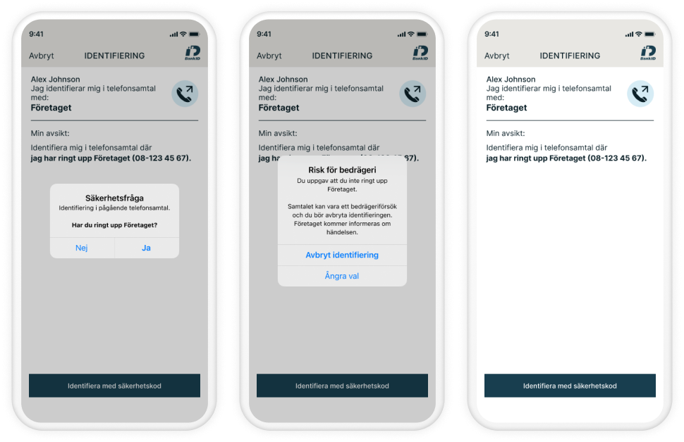 Användarflöde för identifiering i telefonsamtal när kunden ringt upp.