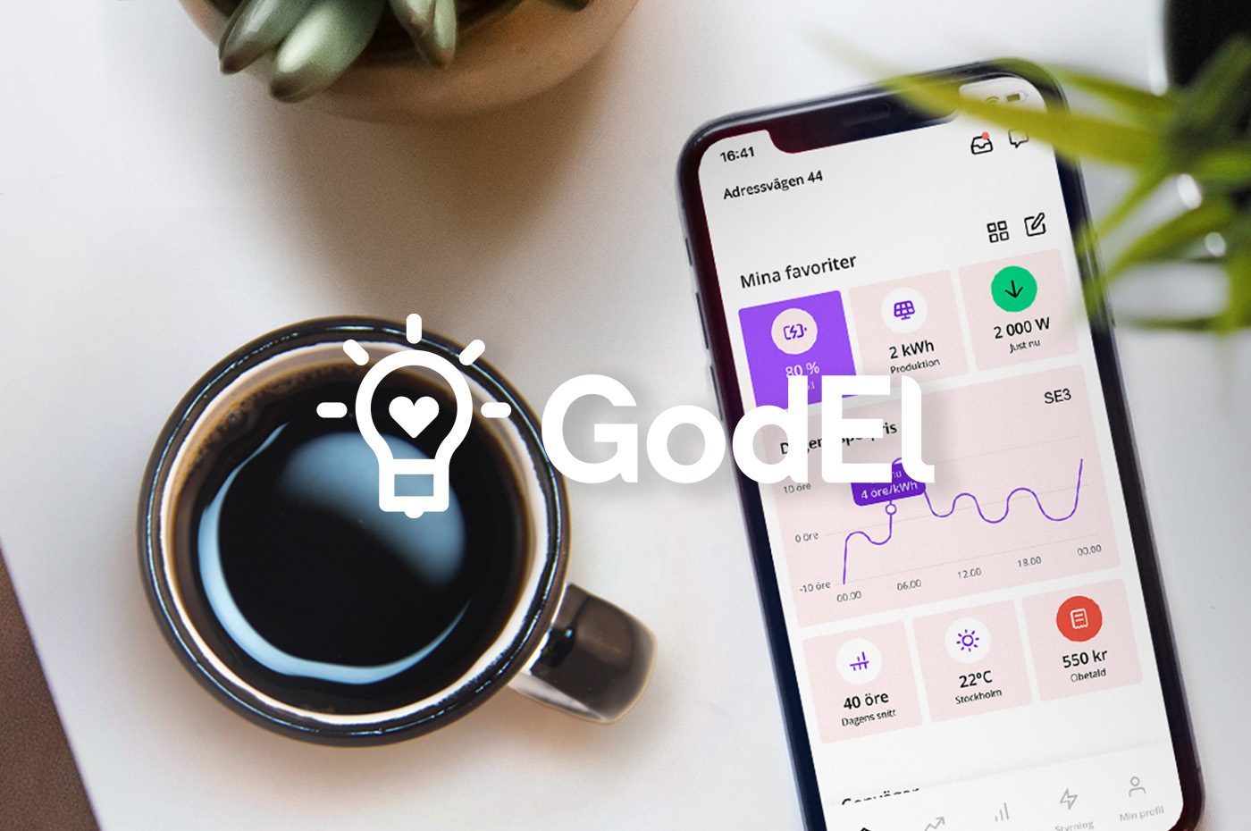 Kundcase GodEl - bild på kaffekopp och telefon med vy i GodEl's app.